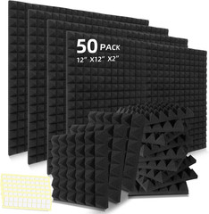 50 Pack Acoustic Foam Panels – Soundproof Pyramid Design, Fire Resistant, Black