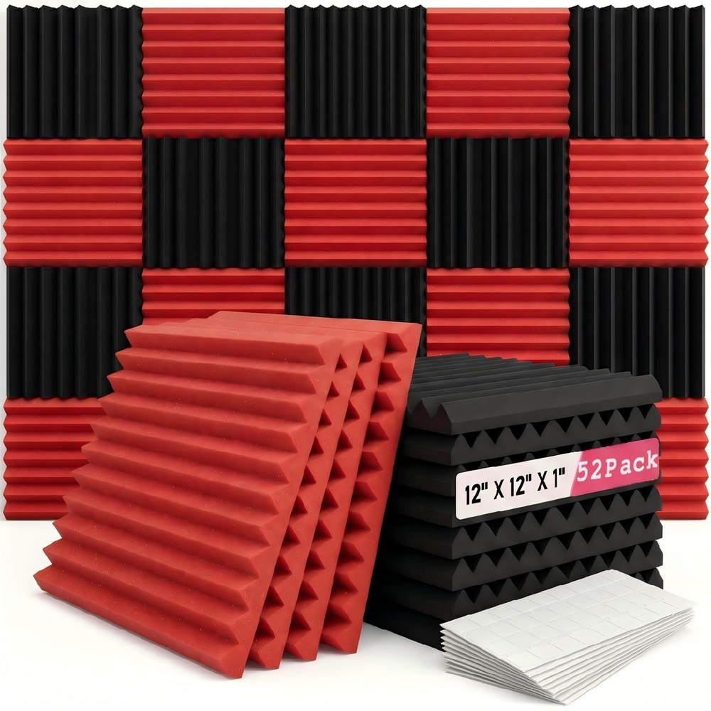 52 Pack Black red 1″ x 12″ x 12″ Acoustic Wedge Studio Foam Sound Absorption …