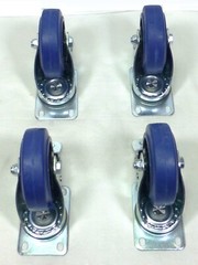 Set Of Four 4″ Heavy Duty Swivel Casters w/4″ Blue Rubber Wheels & Locking Brake