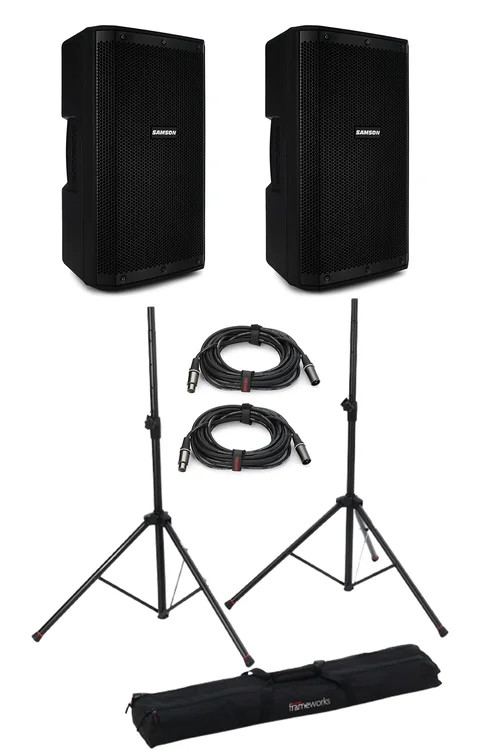 Samson RS110A 300W 10″ Powered Speaker Pair and Stand Bundle