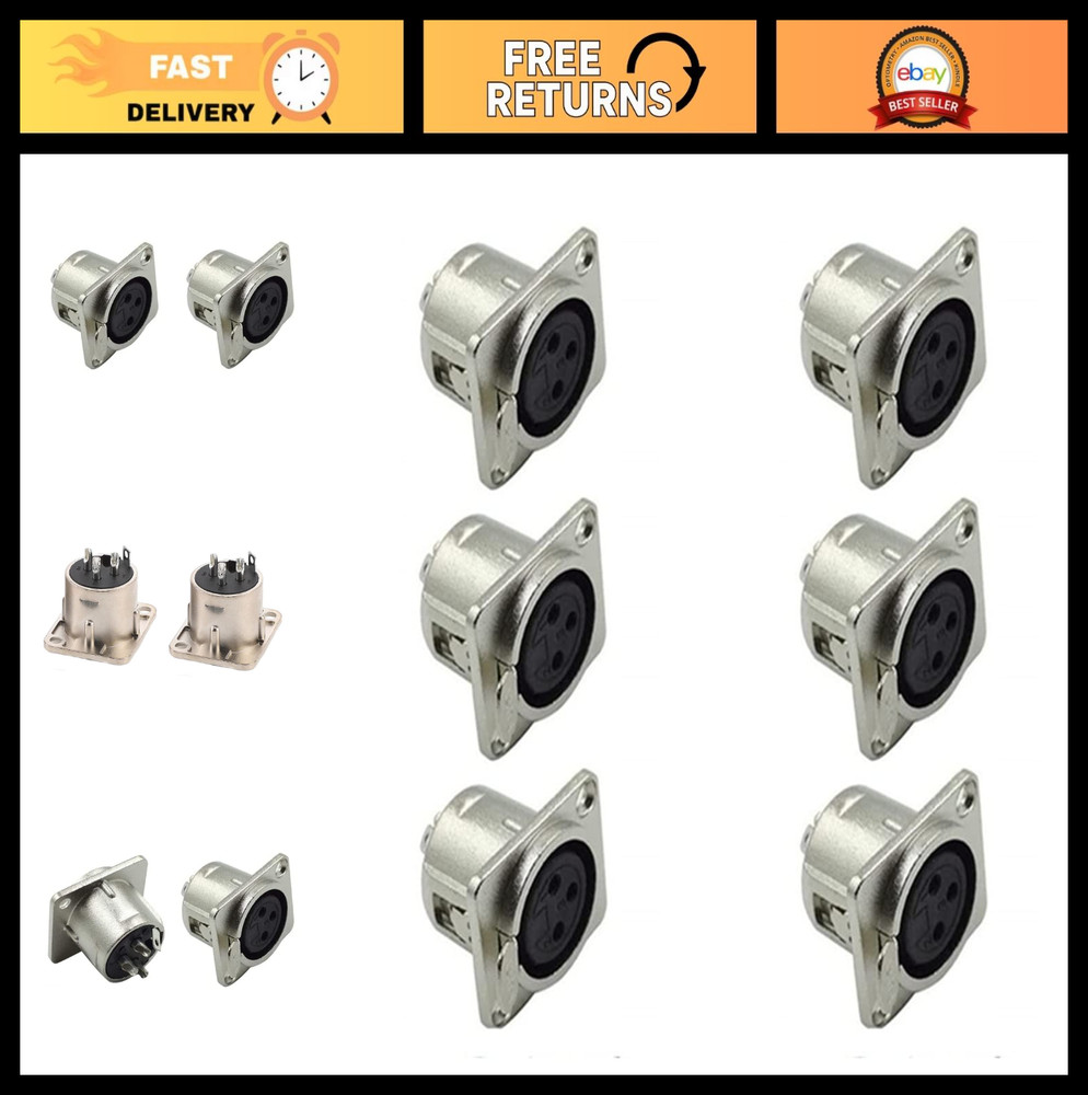 6 Pcs XLR Female 3 Pin Panel Mount Jacks, Audio Studio Connectors, Metal Housing