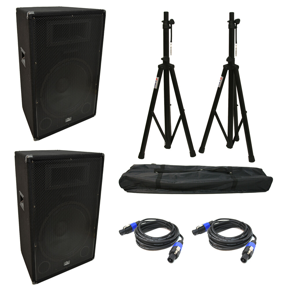 (2) Harmony Audio HA-V15P DJ 15″ Passive 900W PA Speaker Speakon Cables & Stands