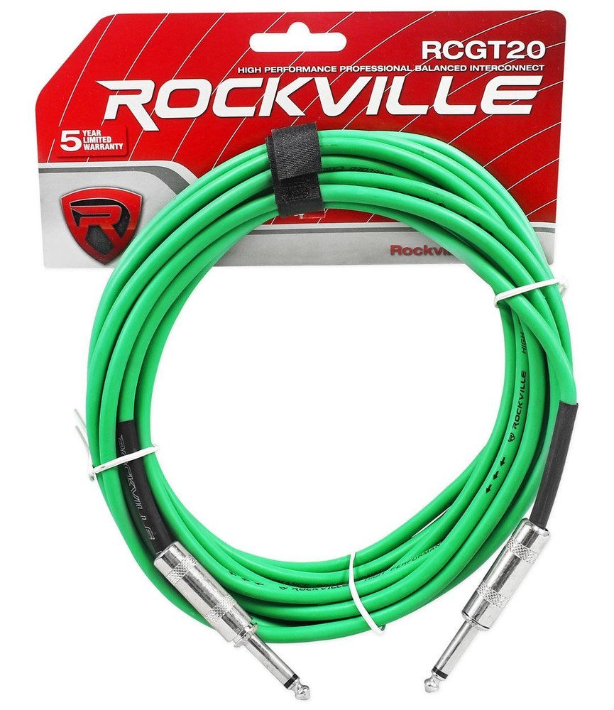 Rockville RCGT20G 20′ 1/4“ TS to 1/4“ TS Guitar/Unbalanced Signal Cable-Green