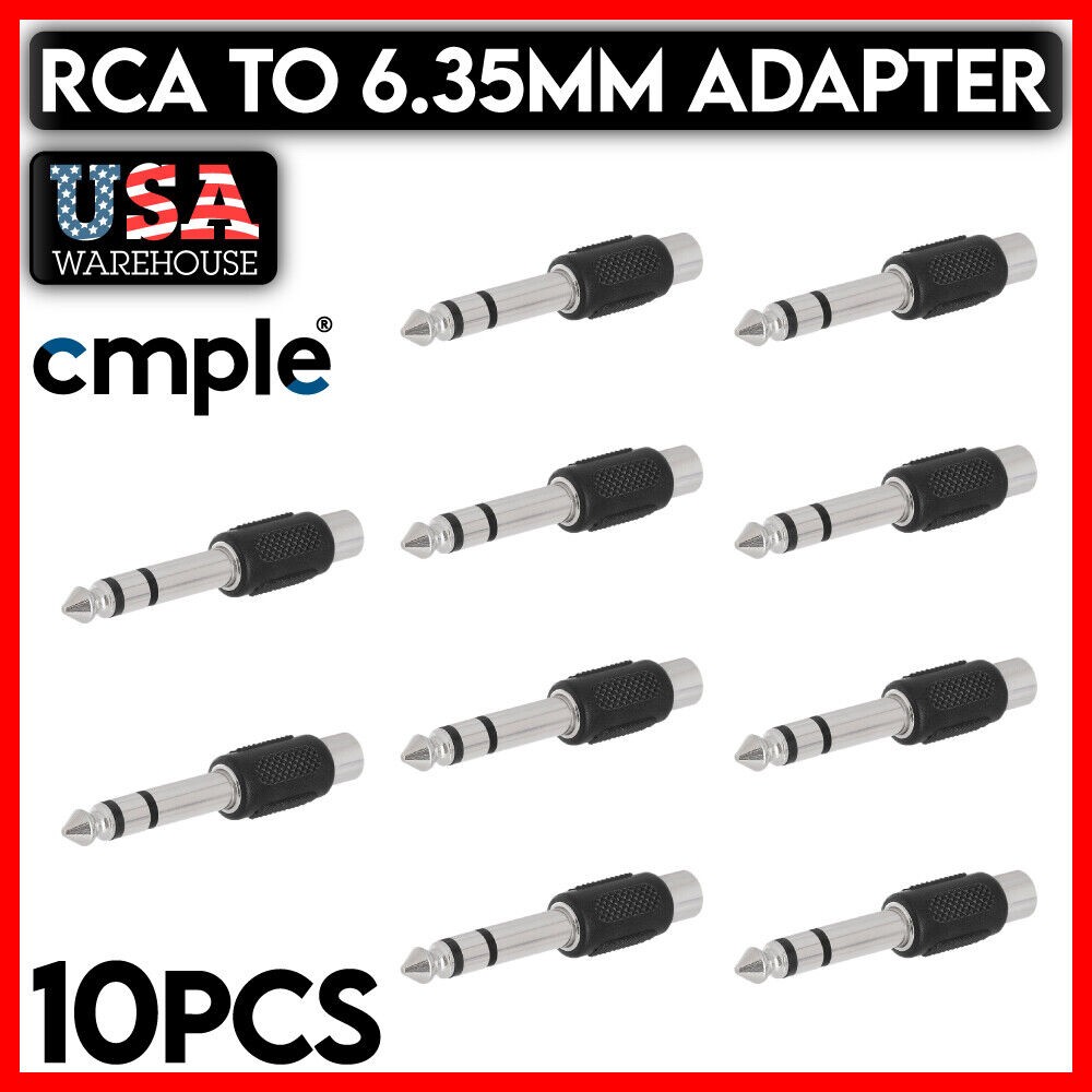 10 PCS 6.35mm Stereo Plug to RCA Jack Adapter Connector Audio Cable Converter