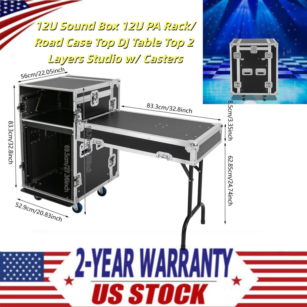 12U Sound Box 12U PA Rack/Road Case Top DJ Table Top 2 Layers Studio w/ Casters