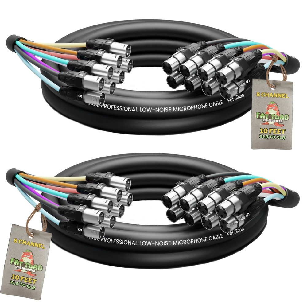 FAT TOAD (2 PACK) XLR Snake Cable 8 Channel 10FT Patch Multicore Pro-Audio 3-Pin