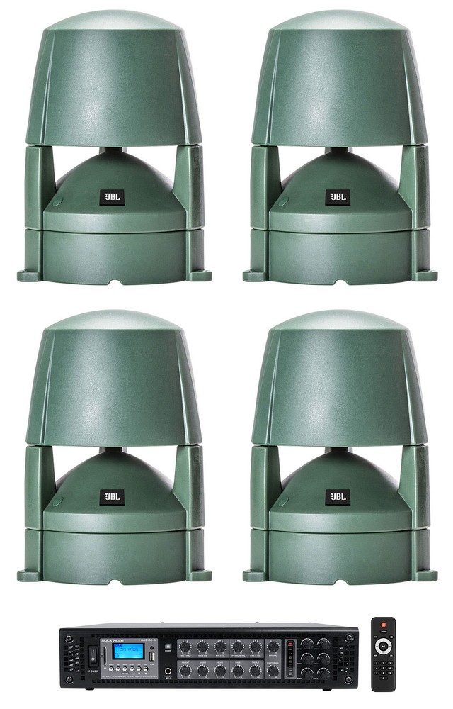 (4) JBL CONTROL 85M 5.25″ Commercial 70v Outdoor Landscape Speakers+Amplifier