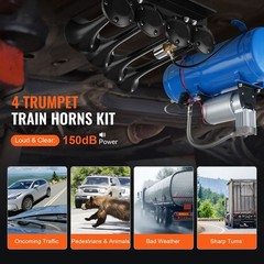 4 Trumpet Air Horn Kit, 150dB Train Horns for Trucks, 12V 120 psi Compressor 1.6