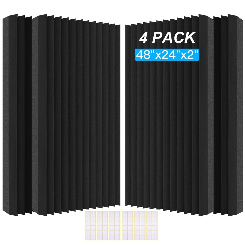 4 Pack Acoustic Foam Panels, 48 x 24 x 2″ Sound 48″ x 24″ x 2″, Black 4