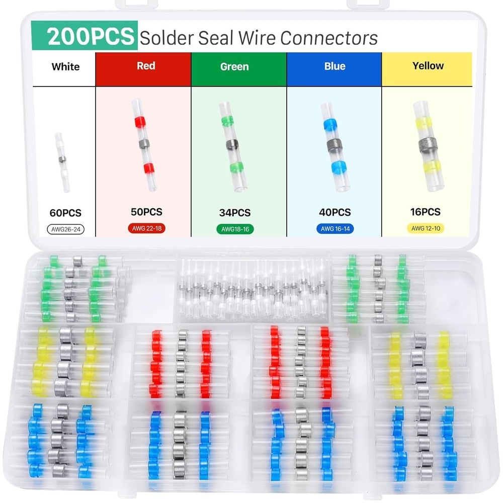 200PCS Solder Seal Wire Connectors Kit, red, green, white, blue, yellow