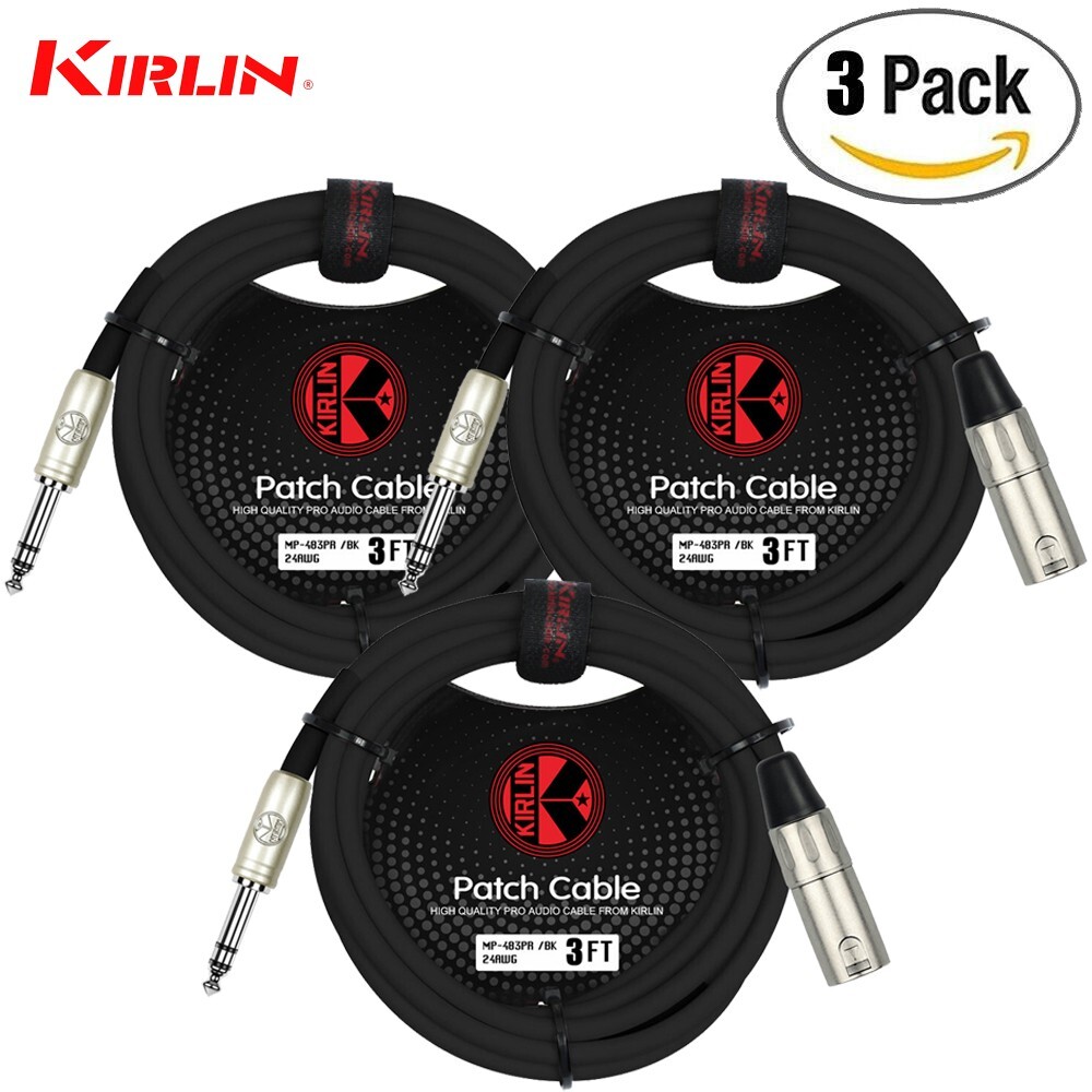 3-PACK Kirlin 3FT XLR 3-Pin Male to 1/4″ TRS Male Patch Cable OFC Conductors