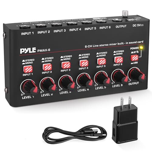 Pyle PMAX6 6-Channel Wireless Bluetooth Mini Line Mixer with Built-in Sound Card