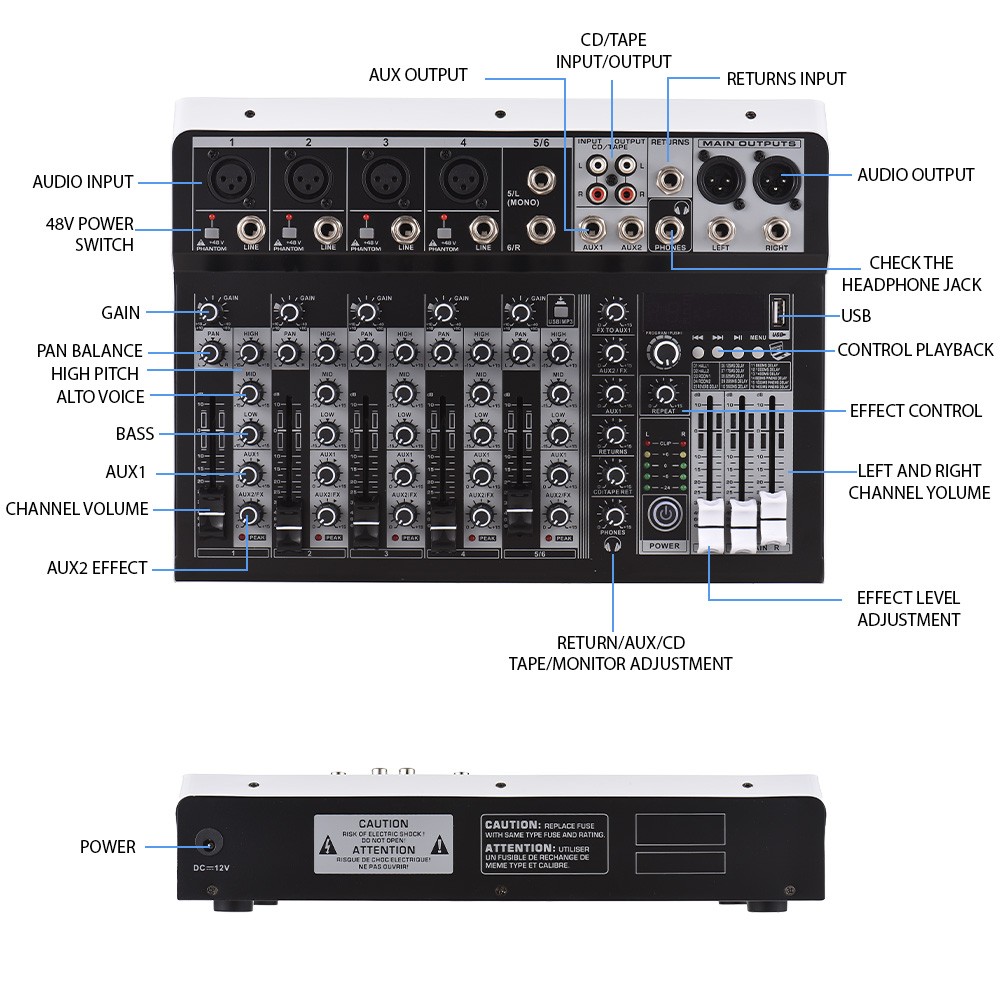 Audio Mixer 6-Channel Mixing Console 48V Phantom Power For Home Studio Reco XHPI