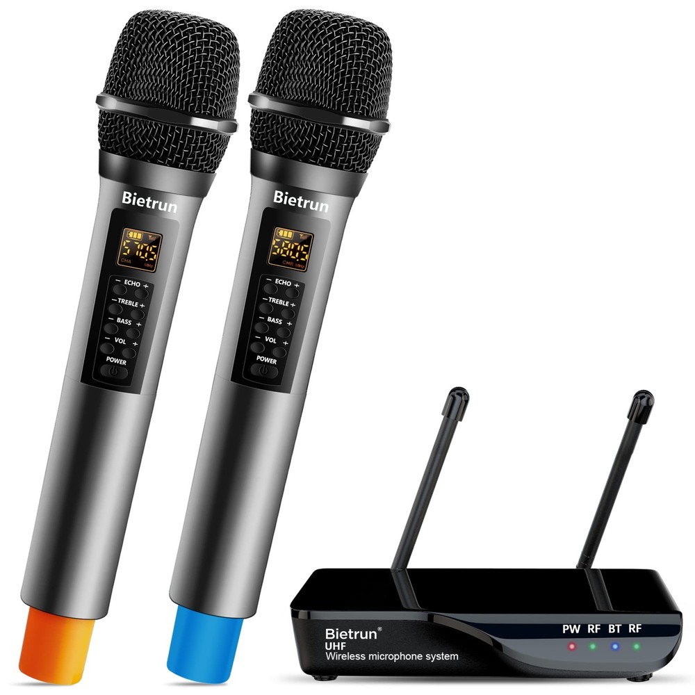 Bietrun Wireless Microphone with Echo/Treble/Bass, UHF 160ft Range, Dual UHF …