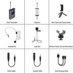 UHF Wireless Headset Microphone/Lavalier Lapel Mic with Bodypack Transmitter and
