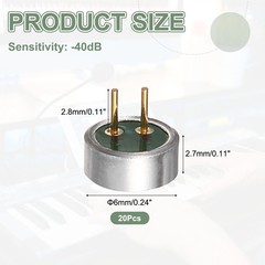 Cylindrical Electret Condenser Mic Inserts with Pins -40dB Pack of 20 Silver