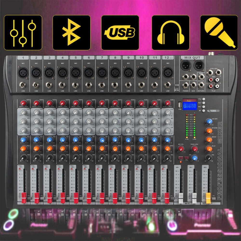 Pro Power Mixer 12 Channel Audio Mixing Console 16 DSP w/USB 110-220V Bluetooth