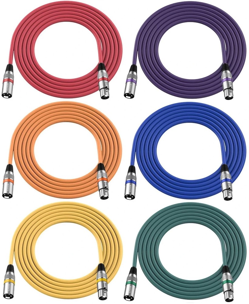 6 Pack 10 ft XLR Microphone Cables Multi-Color 3-Pin Male to Female Cords