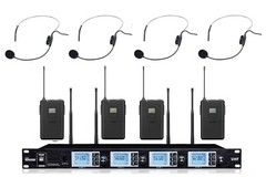 Wireless Microphone System 4 Channel Pro UHF Audio 4 Headset Mic Speech Mike FCC