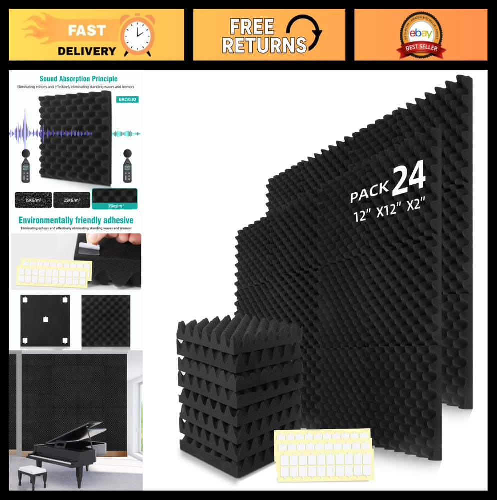 24 Pack Sound Absorbing Foam Panels 12″x12″ High Density Fire Resistant Acoustic