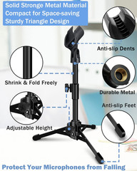 2 Pack Desktop Mic Stand, Portable Foldable Tripod with Mic Clip Holder, Adjusta