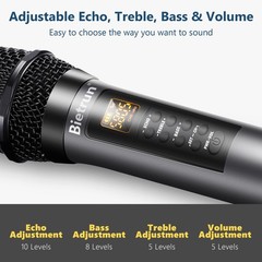 Bietrun Wireless Microphone with Echo/Treble/Bass, UHF 160ft Range, Dual UHF …