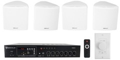 Rockville Commercial Restaurant Amp+(4) White 3.5″ Cube Speakers+Wall Controller