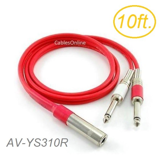 10ft Ultra Flex 1/4″ TRS Stereo Female Jack to Dual 1/4″ TS Mono Plug Red Cable