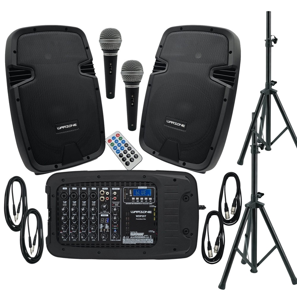 Warzone WDP25T 1500W PA System + 2x Adjustable Speaker Stands Bundle