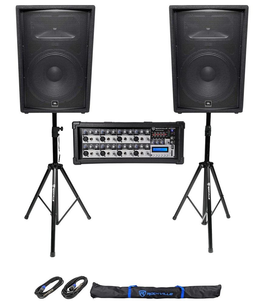 (2) JBL Pro JRX215 15″ 2000w PA/DJ Speakers+Powered Mixer w/Bluetooth+Stands