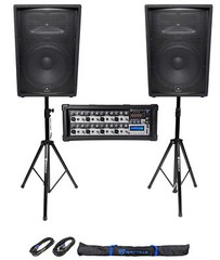 (2) JBL Pro JRX215 15″ 2000w PA/DJ Speakers+Powered Mixer w/Bluetooth+Stands
