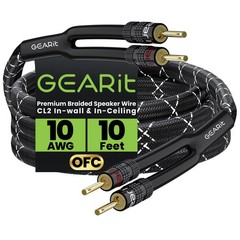 10AWG Speaker Cable with Gold-Plated Banana Plugs 10ft CL2 Rated OFC