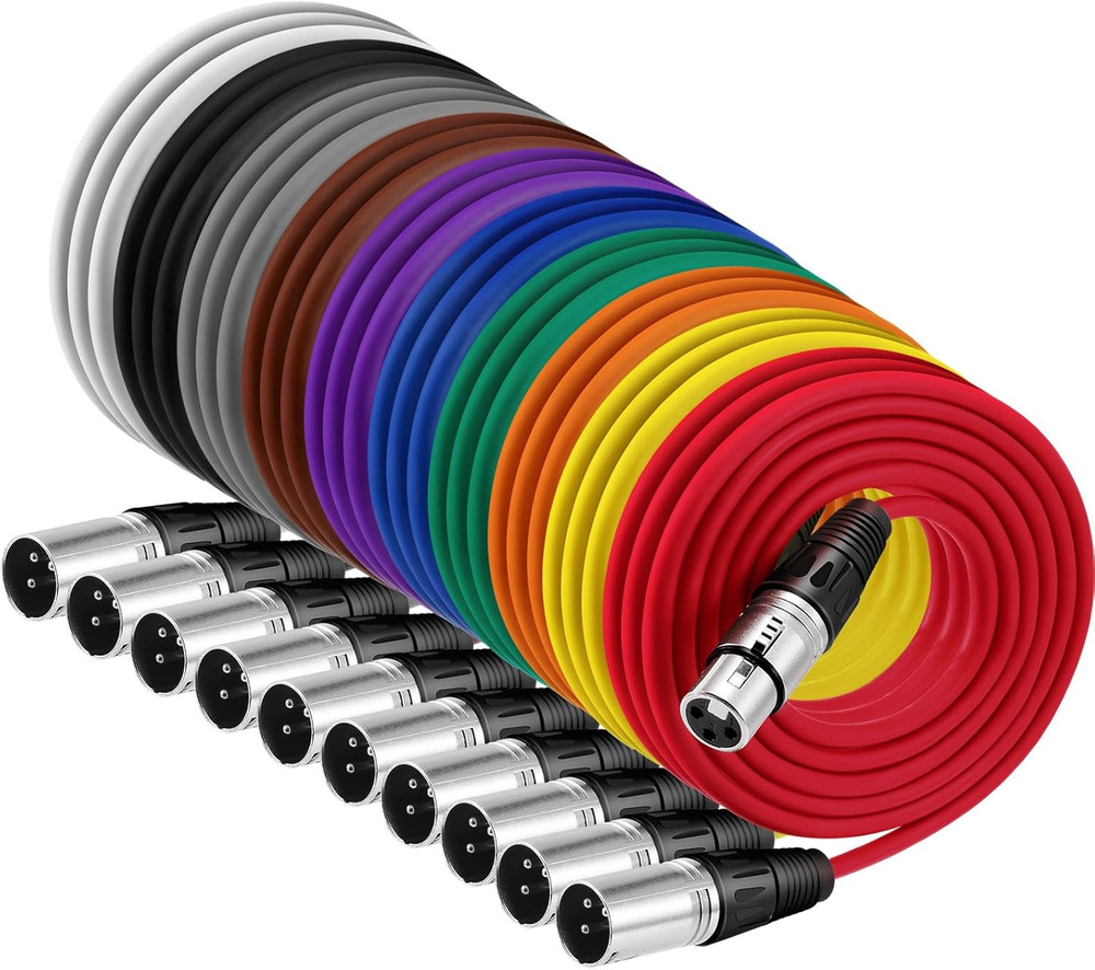 10 Pack 6 Ft XLR Cables 3 Pins Balanced Rainbow Microphone Mic Cable Male to Fem