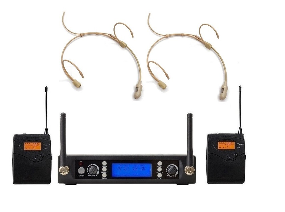 UHF Dual Channel Wireless Headset Mic System with Two Headband Microphone Beige