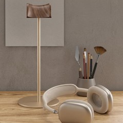 QinCoon Headphone Stand, Walnut Wood & Aluminum Headset Nature Gold