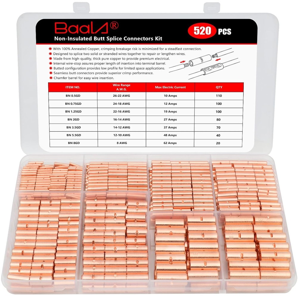 BAALA 520 PCS Non Insulated Butt Connectors 520PCS 26-8 Gauge, Bare Copper