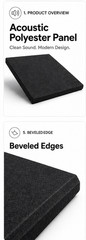 4 Pack Acoustic Polyester Panel 12mm 900x600mm Black Bevelled Peel & Stick
