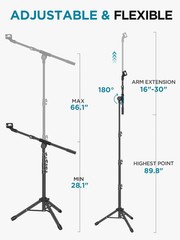 Microphone Stand, Tripod Boom Arm Floor Mic Stand Height Adjustable Heavy Duty w