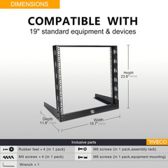 12U Desktop Rack for Audio & Network Devices 19 Inch 2 Post Open Frame Shelf wit
