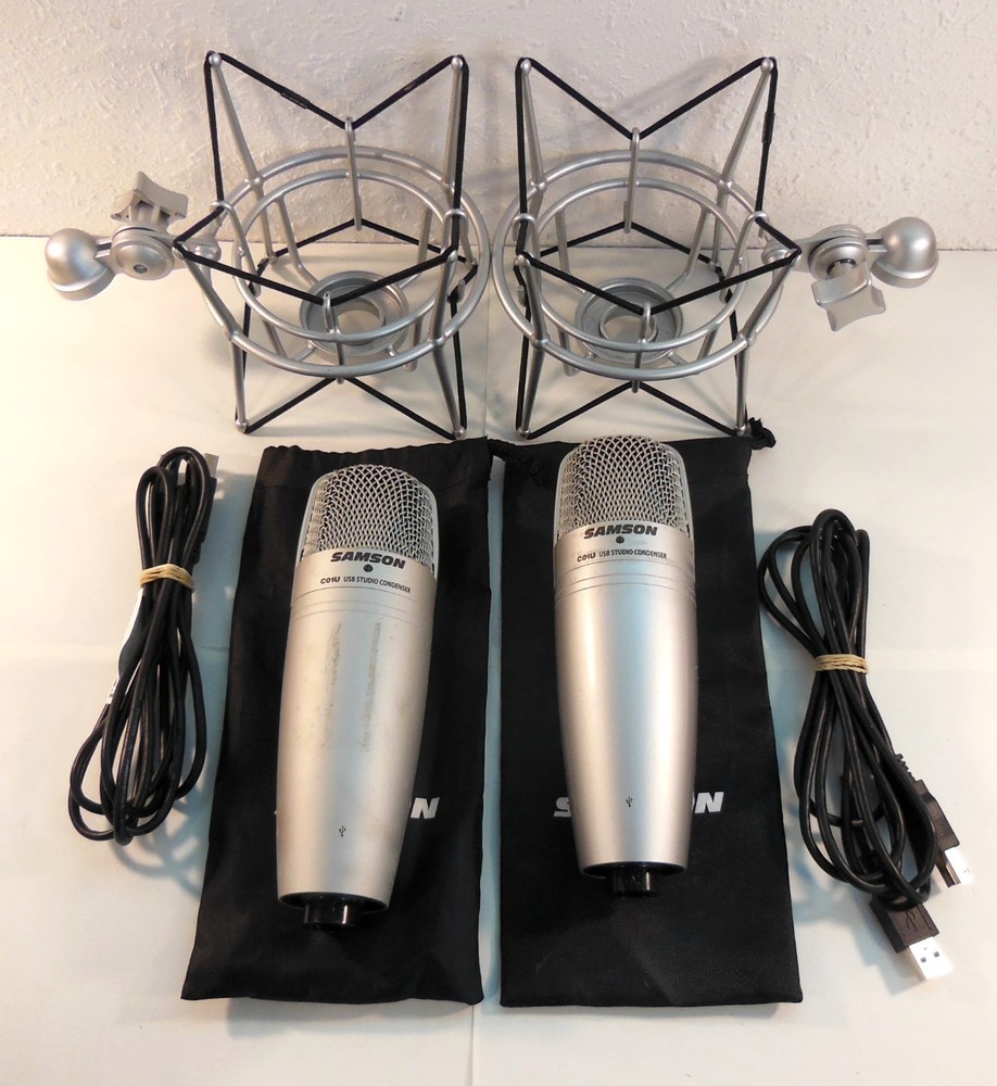 2 Two SAMSON C01U Studio Condenser Microphones w/ Stands, Shock Mounts, Working