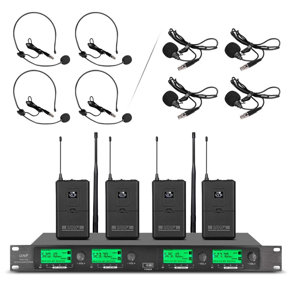 Wireless Microphone System Pro UHF 4 Channel 4 Lavalier Bodypacks 4 Lapel Mic…