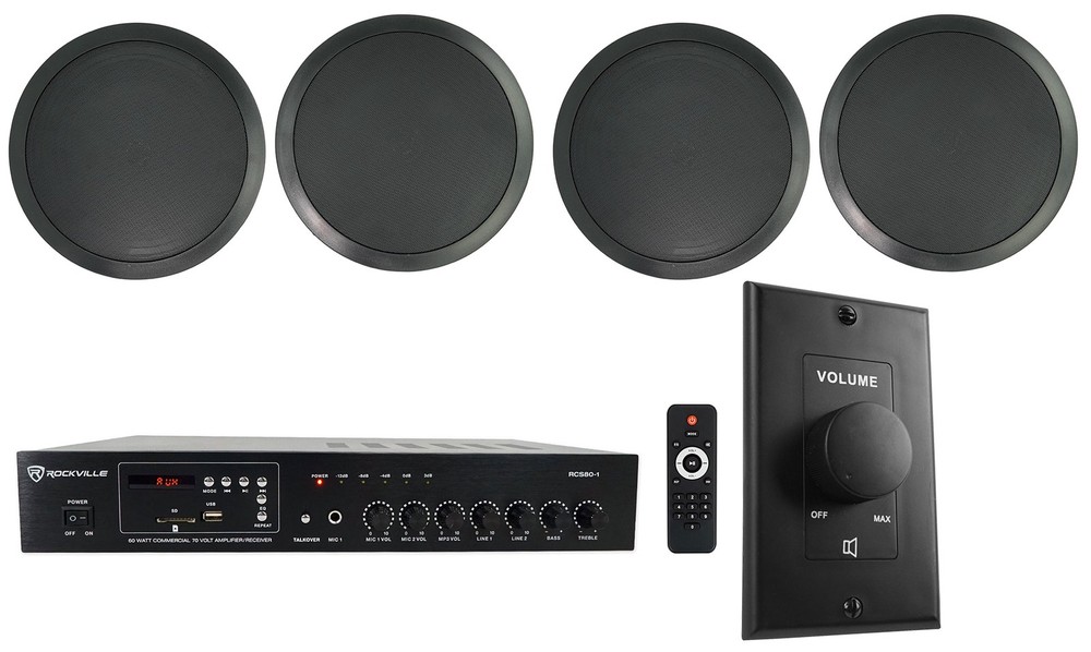 Rockville Commercial Restaurant Amp+(4) 8″ Black Ceiling Speakers+Wall Control