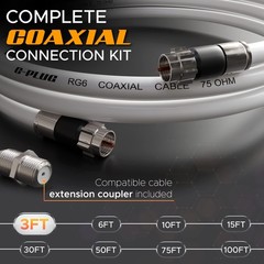 G-PLUG 3FT RG6 Coaxial Cable Connectors Set- High-Speed Internet, 3FT, White