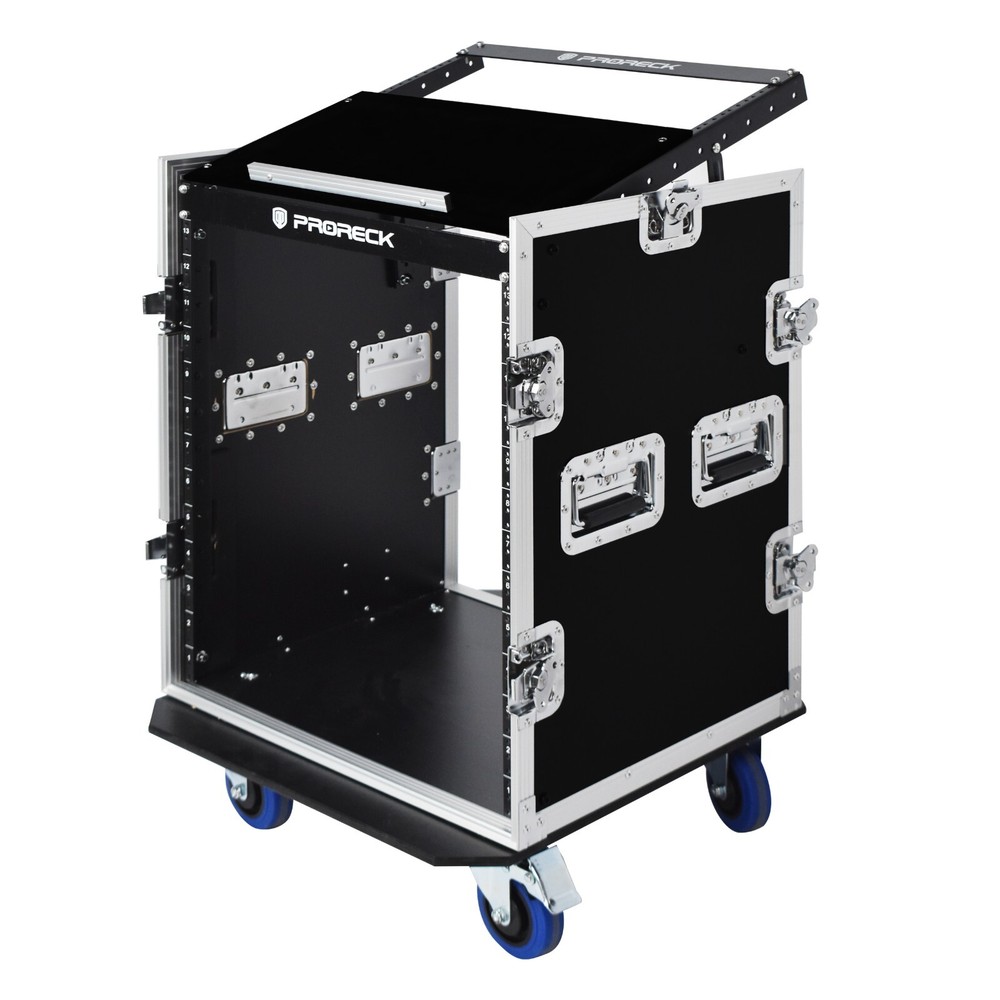 PRORECK Rack/Road Case With 20“ Rackable Depth Slant Mixer Top Casters 14-U