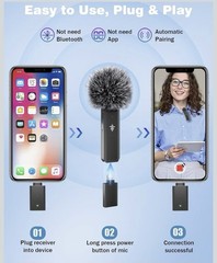 Wireless Clip-On Microphone 2TX 1RX Lightning for iPhone/iPad Noise Cancel