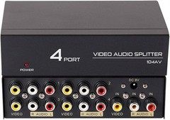 DTECH Powered 4 Way 3 RCA Splitter Box 1 in 4 Out 4 Port Splitter, Black