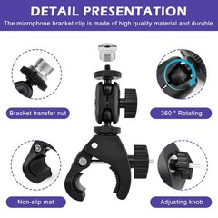 Mic Crab Clamp, Microphone Mount with Double Ball Head Adjustment 1/4″ to 5/8…