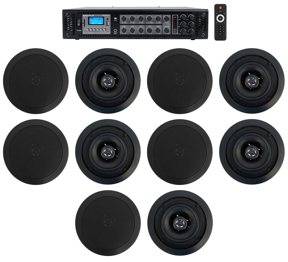 Rockville 6-Zone 70v Amplifier+(10) 5.25″ Black 2Way Restaurant Ceiling Speakers