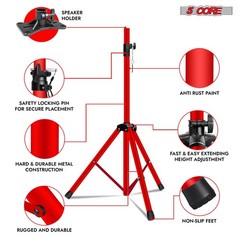 5 Core Speaker Stand Pair Mount Holder Tripod w/Adjustable Height to 72” Red