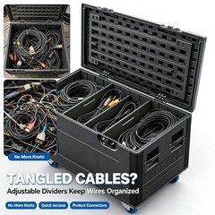 44″ Waterproof Rolling Stage Cable Case with Dividers,DJ Audio Equipment Storage